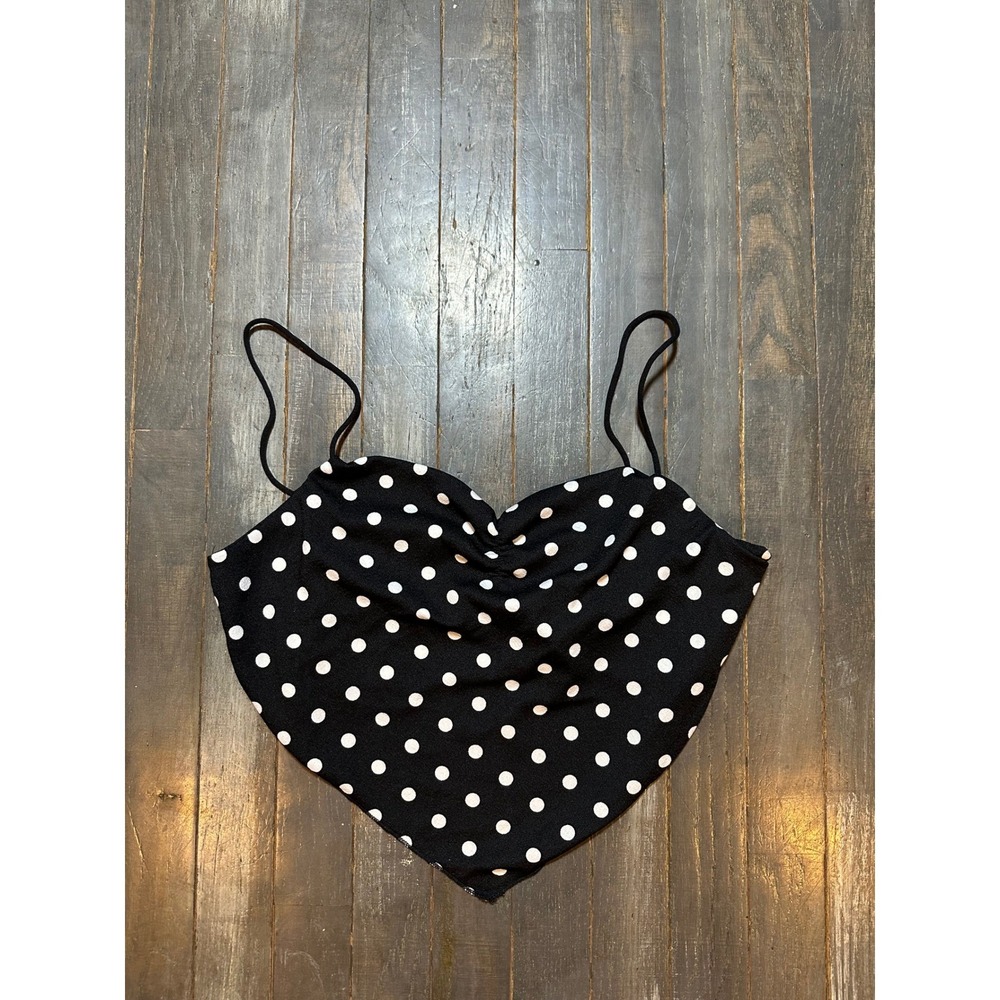 SHEIN Black White Polka Dot Handkerchief Hem Camisole Ruched Sweetheart Crop Top
